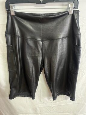 High-Rise Black Faux Leather Bike Shorts with Side Pockets — Women